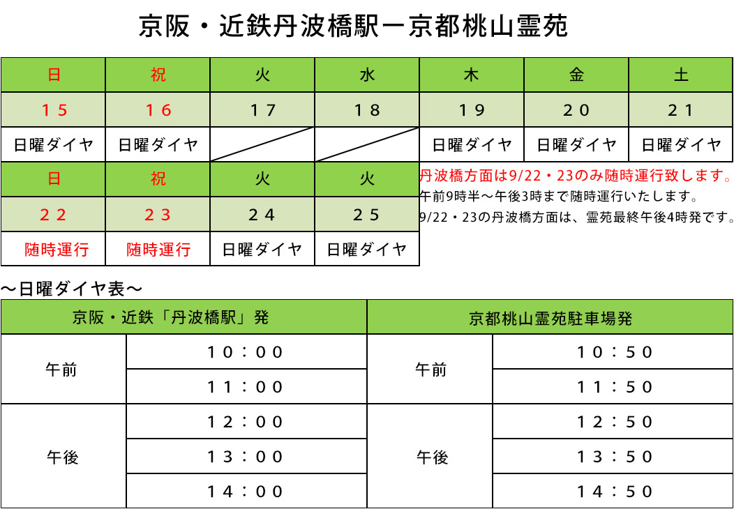 2024年　秋彼岸のバス運行表　京阪・近鉄丹波橋駅～京都桃山霊苑