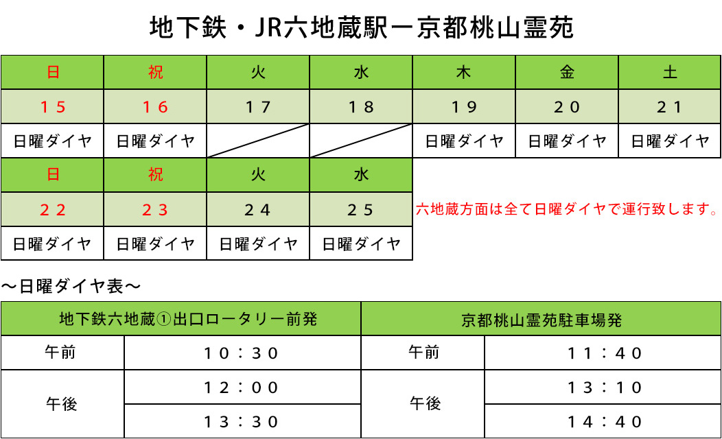 2024年　秋彼岸のバス運行表　地下鉄・JR六地蔵駅～京都桃山霊苑